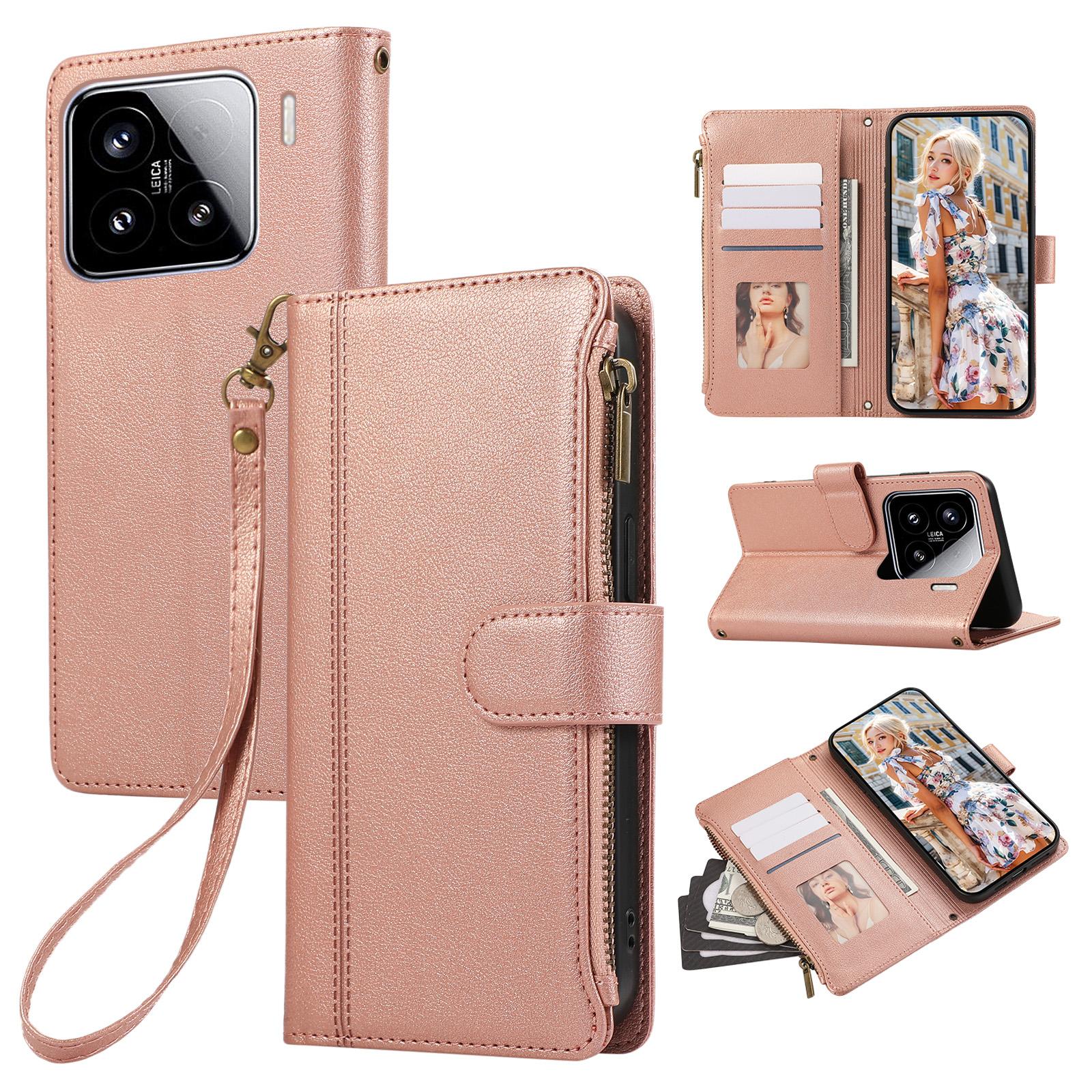 

Для Xiaomi 15 Чехол Кожаный Чехол для Телефона на Молнии с Множеством Карманов для Карт и Ремешком на Запястье Rose Gold