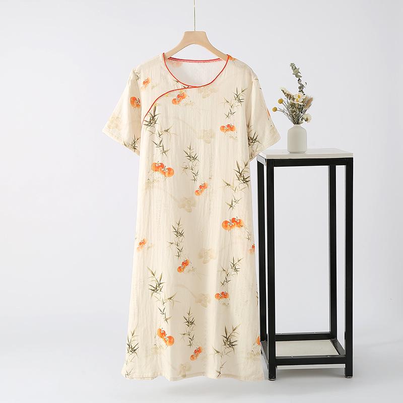 Women's Spring/Autumn Frog Button Sleep Dress - Short-Sleeved, Diagonal Lapel, Comfortable Chinese Style for Home or Outdoors