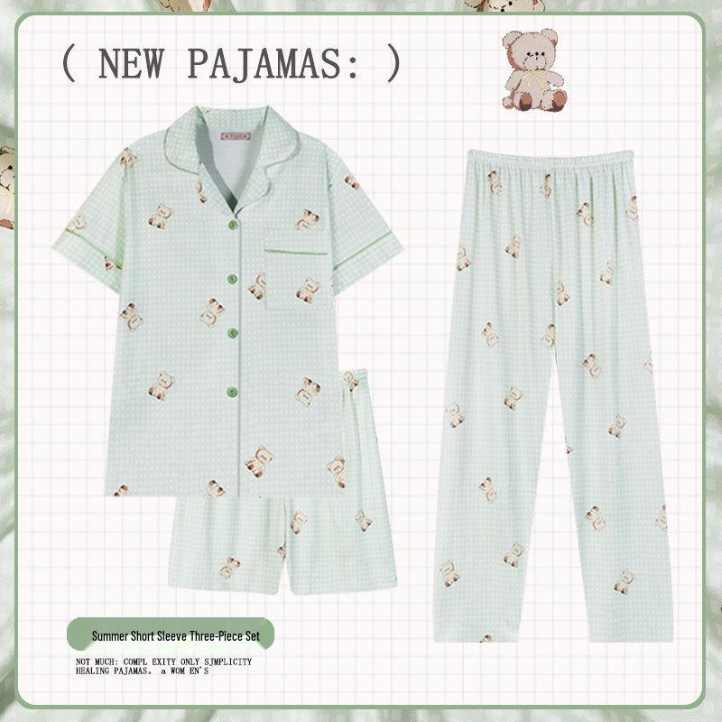 Pastoral Women's Pajama Set: Soft, Cute Rabbit Design, Short-Sleeve, Casual Three-Piece Loungewear.