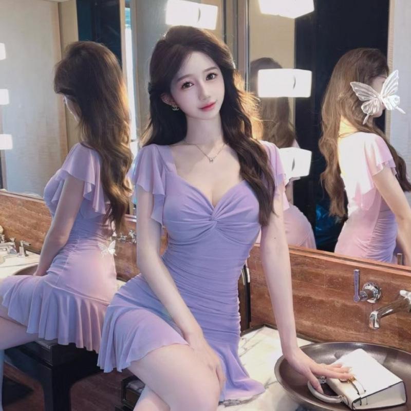 Lady Style Mesh Ruffle Bodycon Dress - Waist-Slimming A-Line Skirt