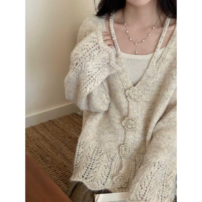 Beaded three-dimensional flower sequin knitted cardigan autumn and winter new loose and gentle wind sweater jacket women
