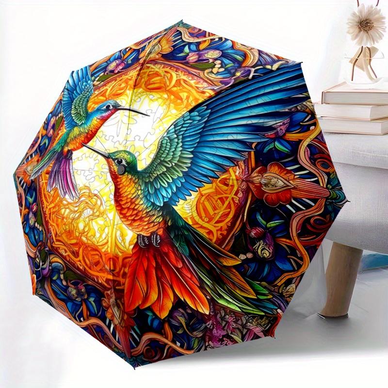 1pc Colorful Hummingbirds In a Vibrant Garden Automatic Umbrella Design, Cute Cartoon Pattern, Portable Outdoor Umbrella, Holiday Gift R067