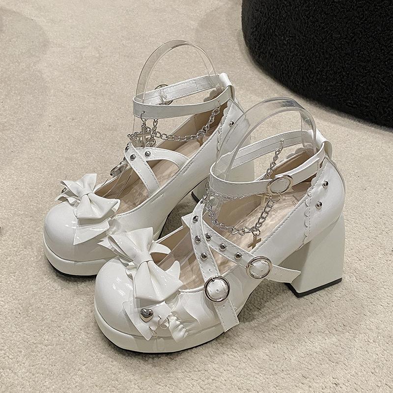 Comemore Bowknot Cute Mary Jane Shoes for Women Platform High Heeled Cross Strap Pumps Belt Buckle Lolita Shoes