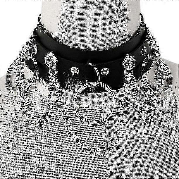Leather Choker with Metal Ring, Adjustable Punk-style Necklace, Sexy and Soft PU Leather Choker - Black.