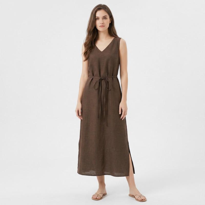 Simple Solid Color Sleeveless V-neck Loose Lacing French Women s A-line Dress S