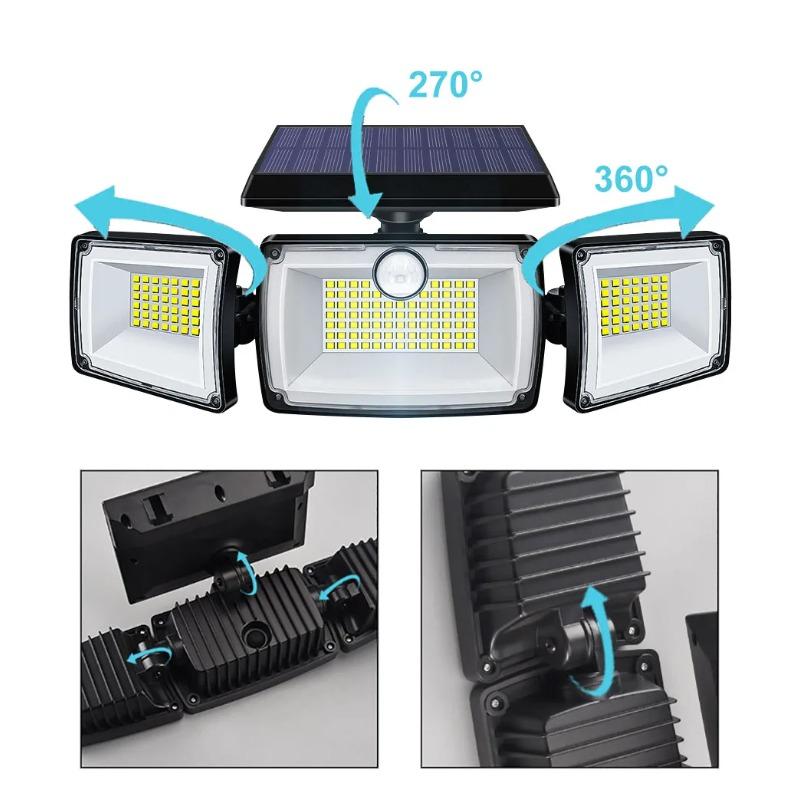 Solar Lights Outdoor 3 Heads Flood 167 LED Security Light Waterproof with PIR Motion Sensor Garden Yard Garage Street Wall Lighting