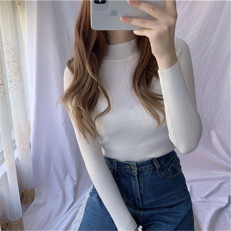 Pulover femei ia în interiorul subțire toamnă iarnă culoare uni punctul de bază jumătate guler înalt fund tricot pulover femeie