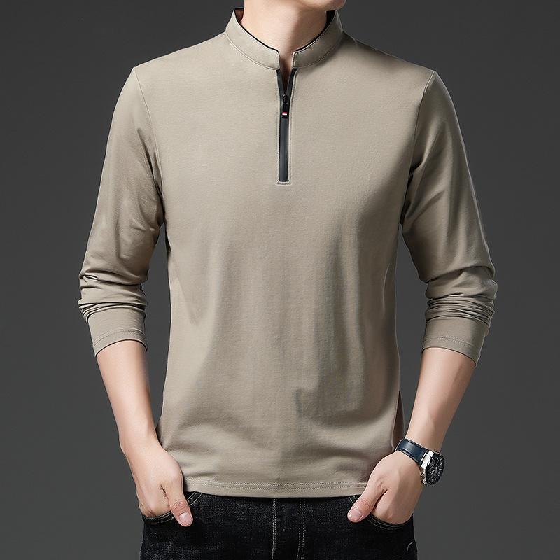 CHIC STUDIO Lente en Herfst Heren Opstaande Kraag Lange Mouw Rits T-shirt Jeugd Koreaans Trendy Slim-Fit Herenkleding Top Kleding XXXXL