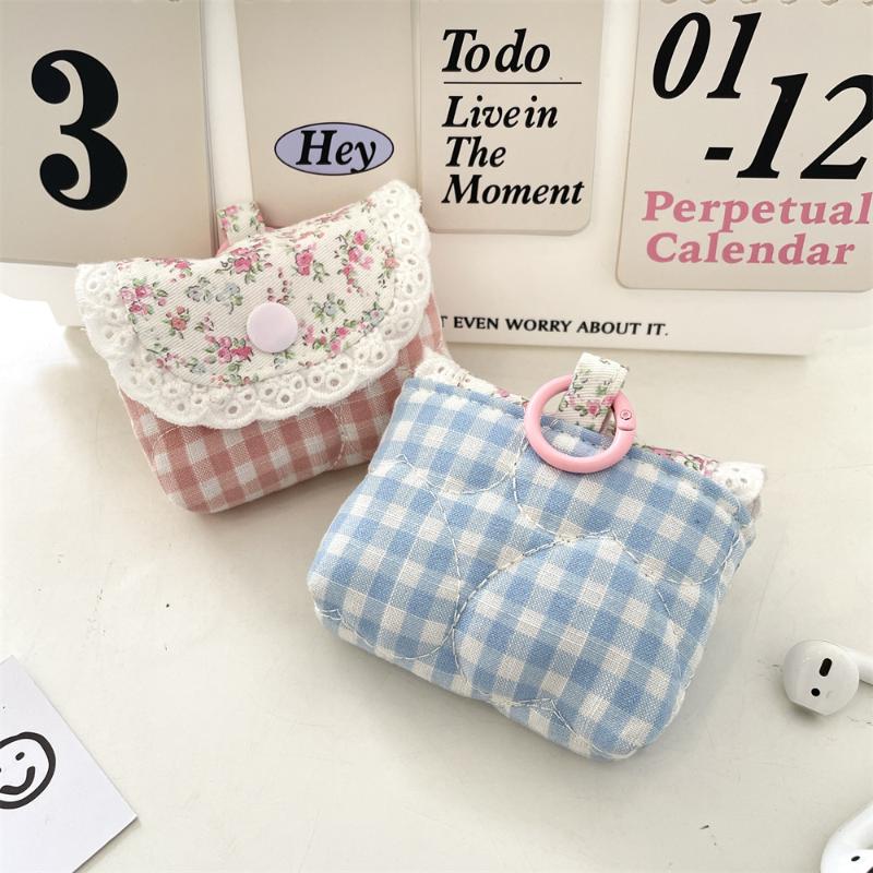 Mini Cute Sweet Lace Floral Coin Purse  Pink Blue Plaid Headphone Protective Case Girls Portable Small Storage Bag
