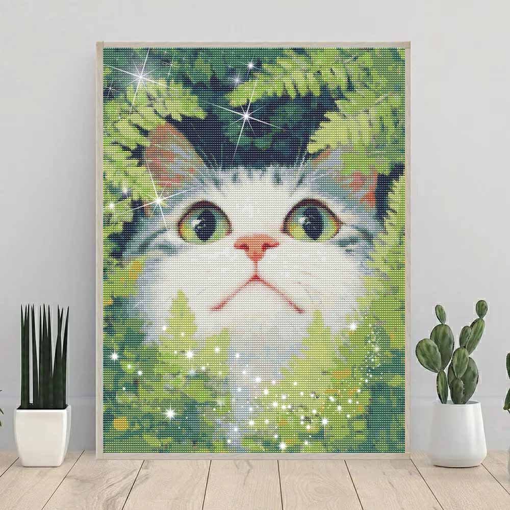 Diamond Painting Kit Cute Cat In Green Forest Full Drill Canvas Art Relaxing Handmade Craft Gift for Women and Adults DIY Home Wall Decor
