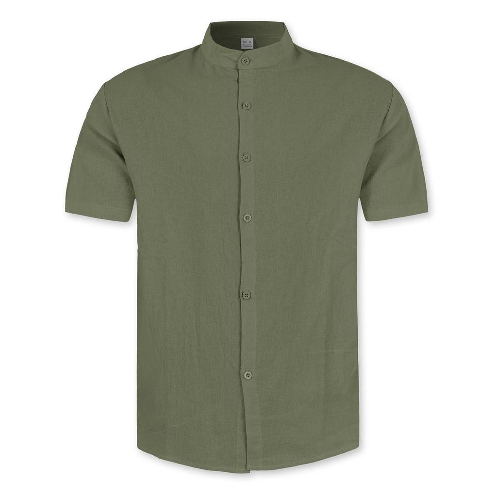 Men's Summer Linen Short Sleeve Shirt Stand Collar Button Down Shirt Casual Breathable Lightweight Top for Daily Wear