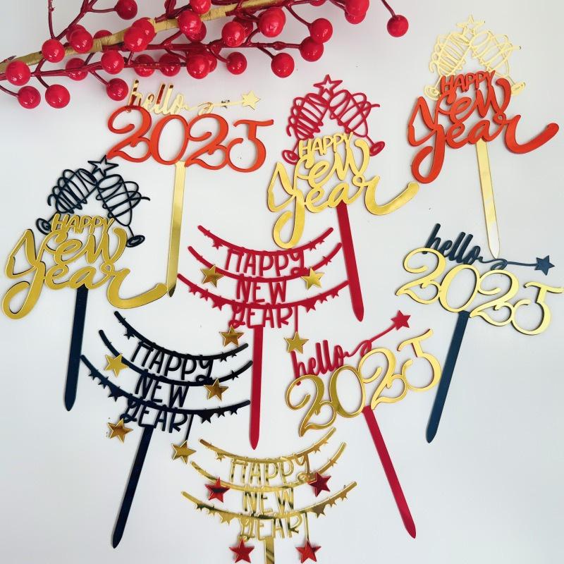 Happy New Year Acrylic Cake Toppers Star Pattern Gold Red Color DIY Cupcake Flags for 2025 New Year's Eve Party Cake Decoration
