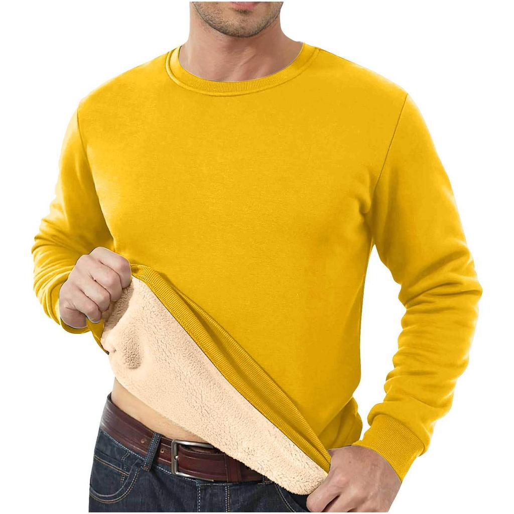 Men's Fleece-Lined Crew Neck Sweatshirt - Loose Fit, Solid Color, Warm Autumn/Winter Wear.