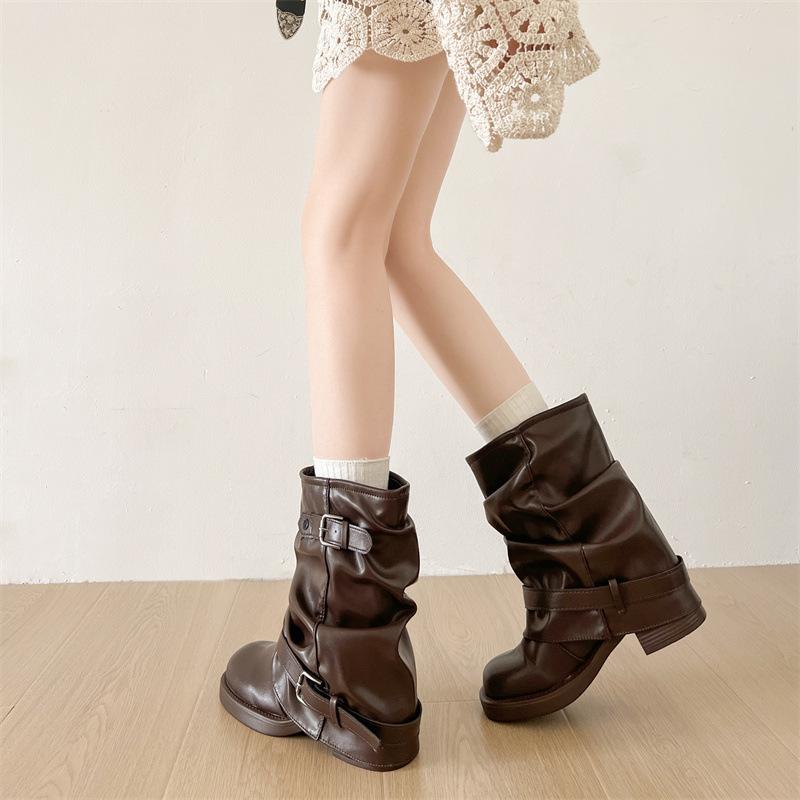 Queen Fan Braun Britischer Stil Dicke Absatzstiefel Damen 2025 Neu Herbst Vintage Stiefel mit Schaft zum Überziehen