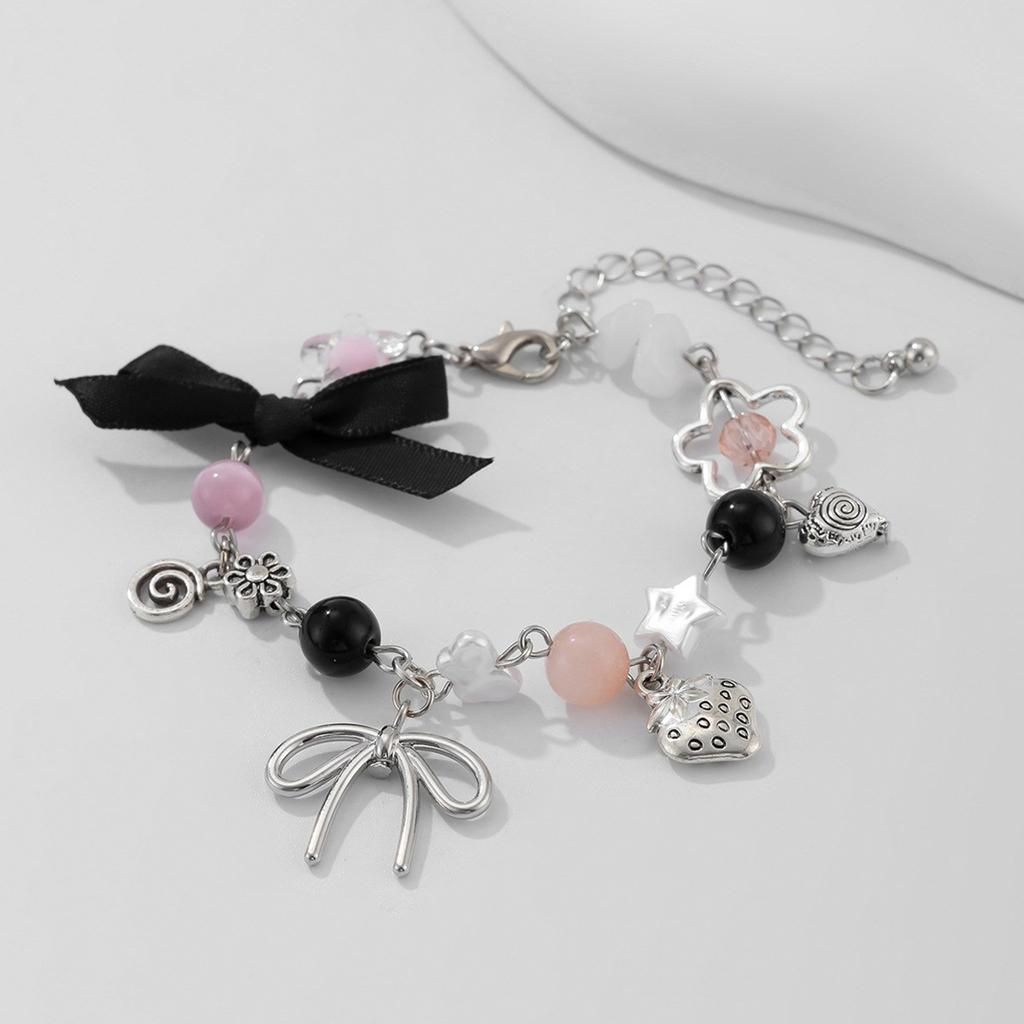 Faux Pearls Beaded Bracelet with Bowknot Pendant Butterfly Knot Charm Wristchain Adjustable Length Handchain Ornament