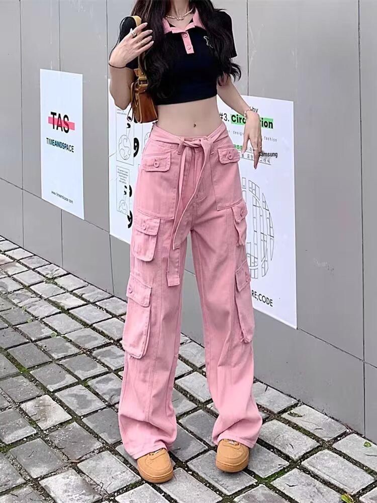 2024 Women's Retro Multi-Pocket Distressed Work Pants: Street-Style Slimming Straight Leg Long Trousers