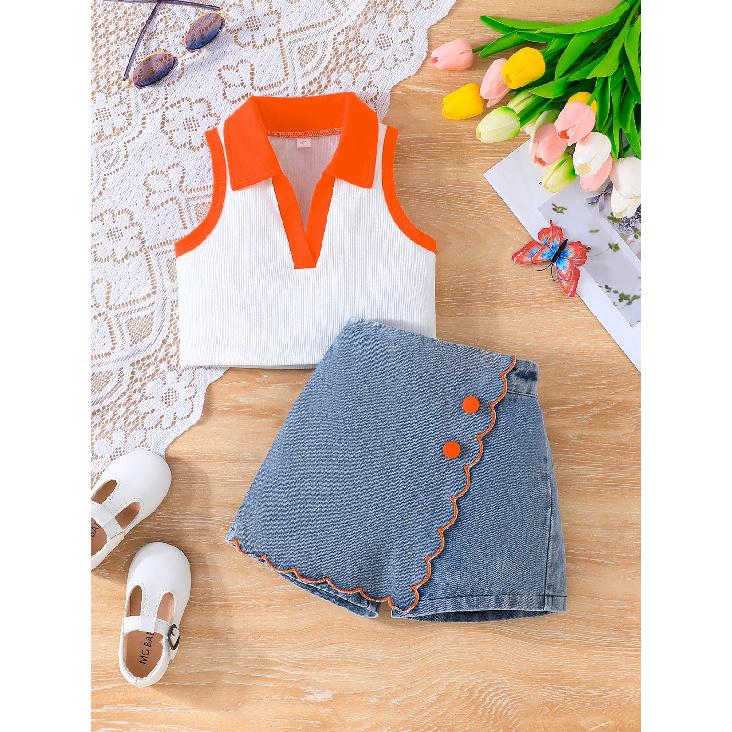 

Baby Girl Vest Top + Denim Short Sleeve Fashionable Outfit 7Y червоний