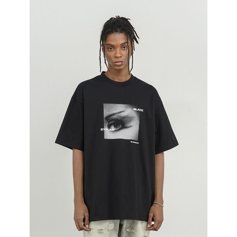 Black of Exit High Street Dark Abstract Print Loose Short-Sleeved T-Shirt for Men and Women, National Trend Niche Design Tee