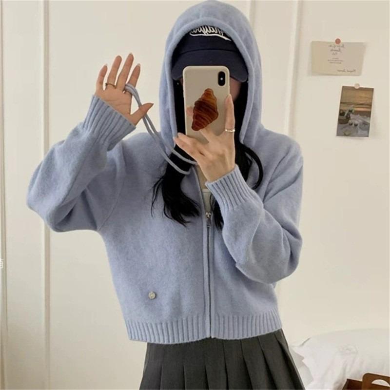 Autumn and winter new lazy wind loose casual thick sweater jacket double zipper hooded knitted cardigan women One size 6143₽