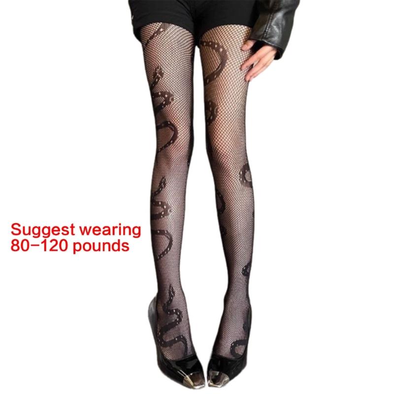 Women's Fashionable Mesh Pantyhose Hollowout Snake Pattern Elastic Waist Soft Nylon Tights For Daily Office Wear Outfit