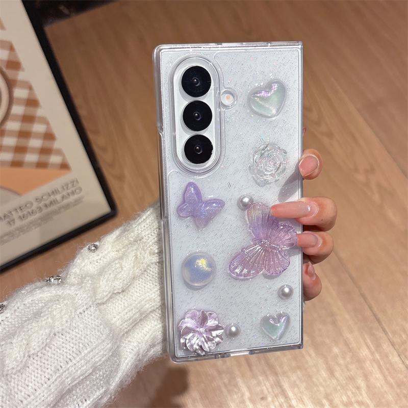 Purple 3D Butterfly Heart Flower Glitter Clear Case For Samsung Galaxy Z Fold 7 6 5 4 With Pearl Beads Wrist Strap Shockproof Pr For Z Fold7