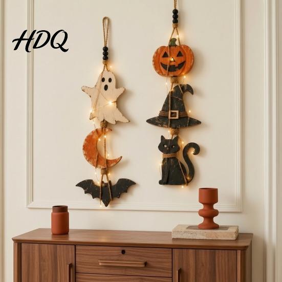 Hanging Signs with Warm Lights 2Pcs Lighted Halloween Wall Decor Wooden Ghost Bat Pumpkin Rustic Farmhouse Decor Sign Jute Rope Ornament for