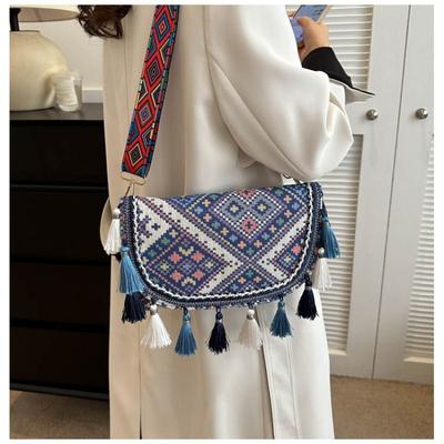 Ethnic-style Single-shoulder Bag Fashionable Small Square Bag Tassel Crossbody Small Bag