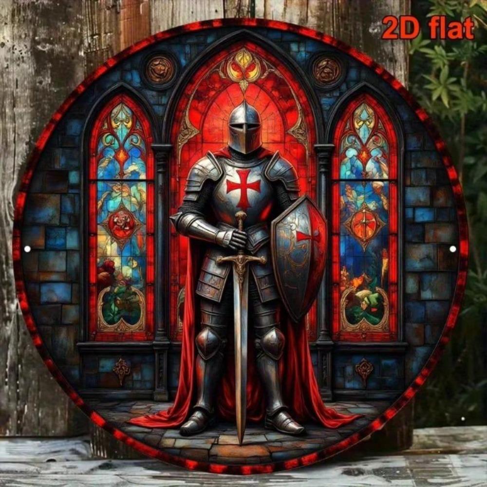 Vintage Kreuzritter Metallblechschild 20x20 cm Buntglas Wandkunst Plakette