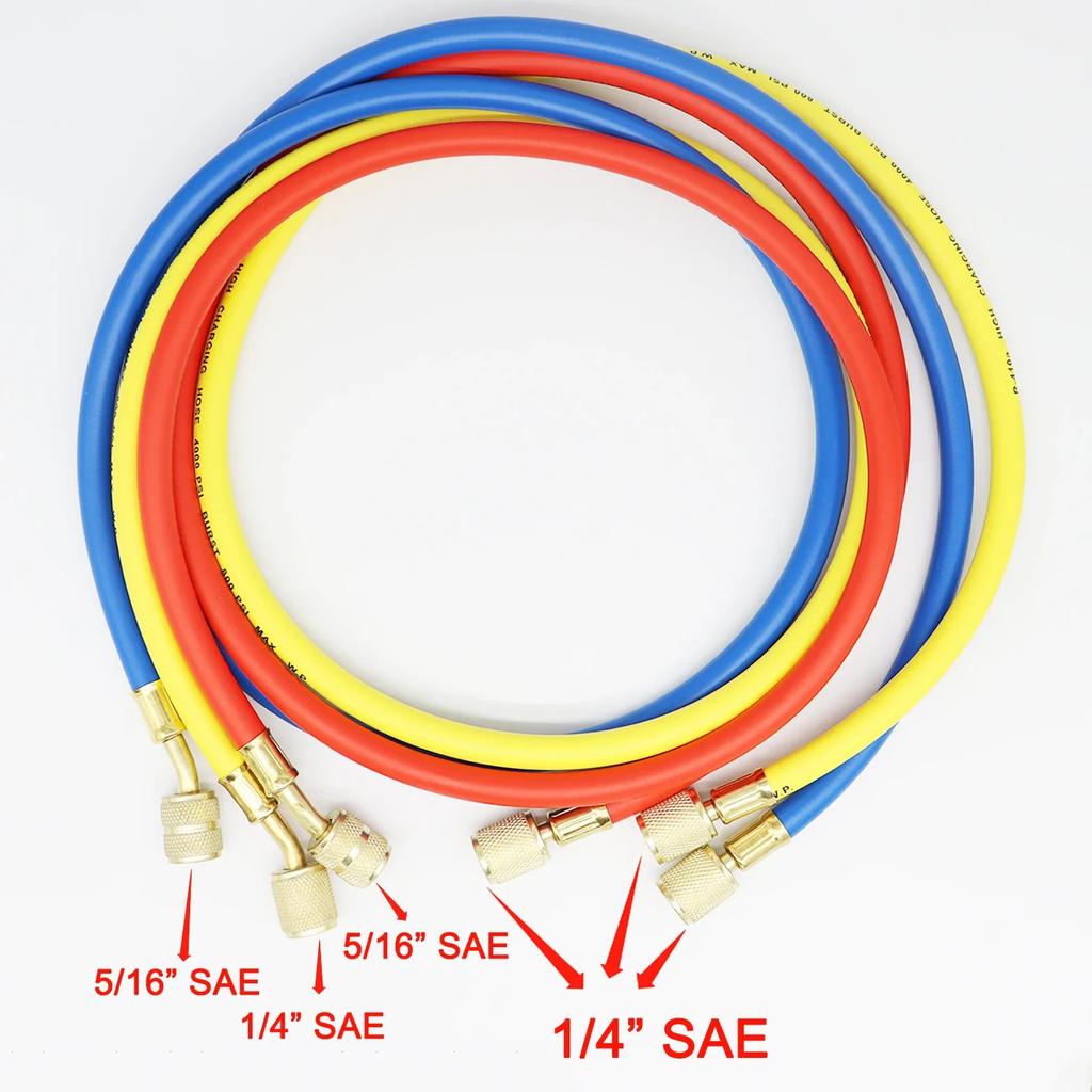 4000psi R410A 1.5M/1.2M/0.9M Refrigerant Air Conditioning Hose Fits for R410A 3 Way AC Charging Hoses Tube 1/4 Thread 5/16 inch