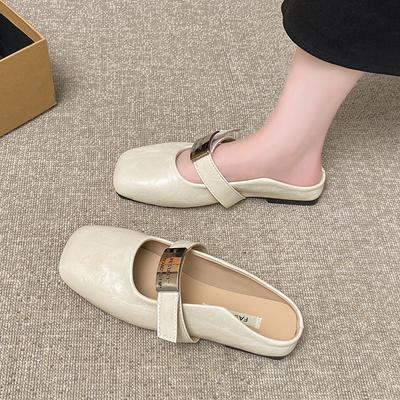 Mary Jane Bag Head Half Slippers Women's Outer Wear 2025 Spring and Autumn New Flat Bottom One Pedal Shoes Single Shoes