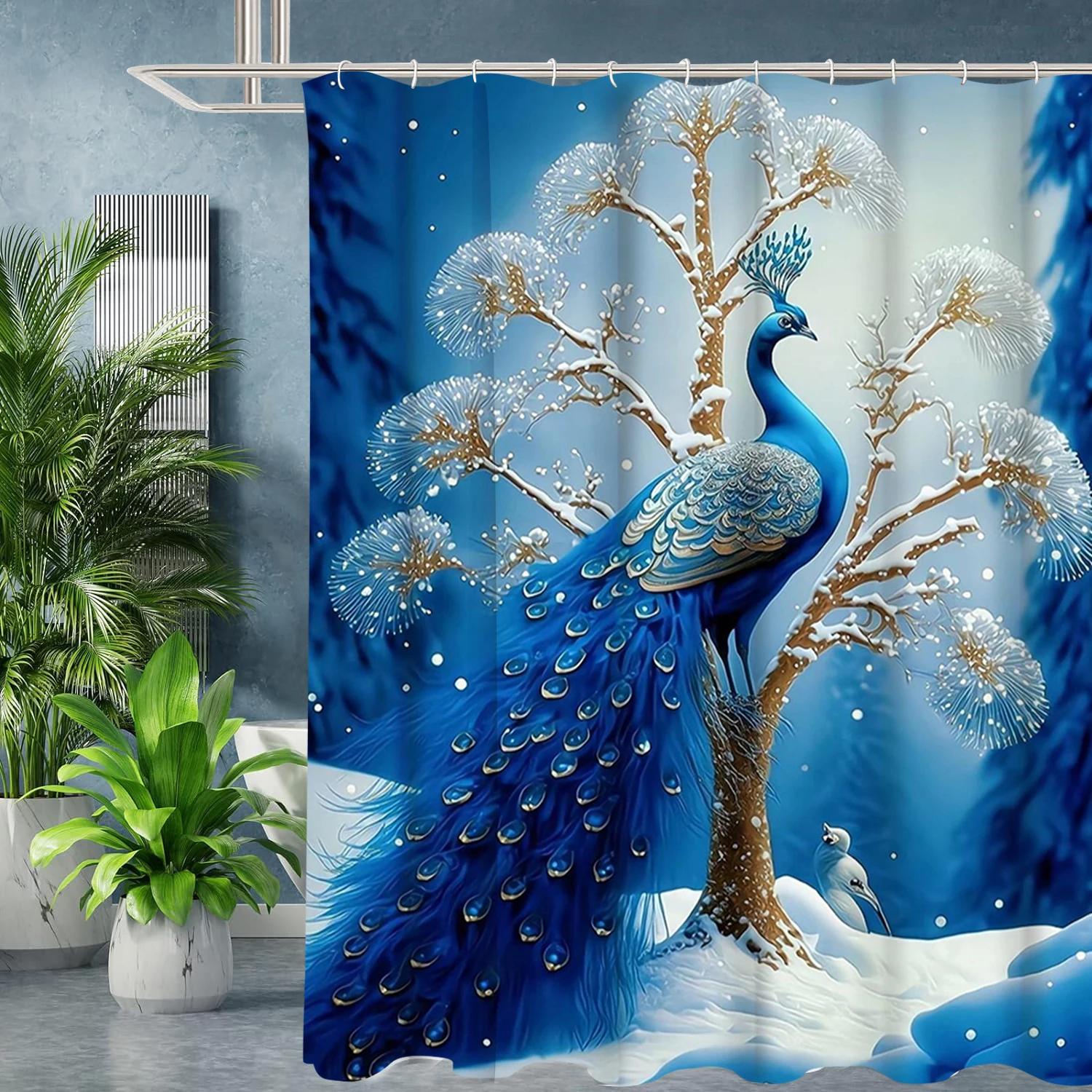 

Blue Peacock Bathing Curtain Bathroom Letters Shower Curtain Waterproof With 12 Hooks Fishes Home Deco W90xH180cm