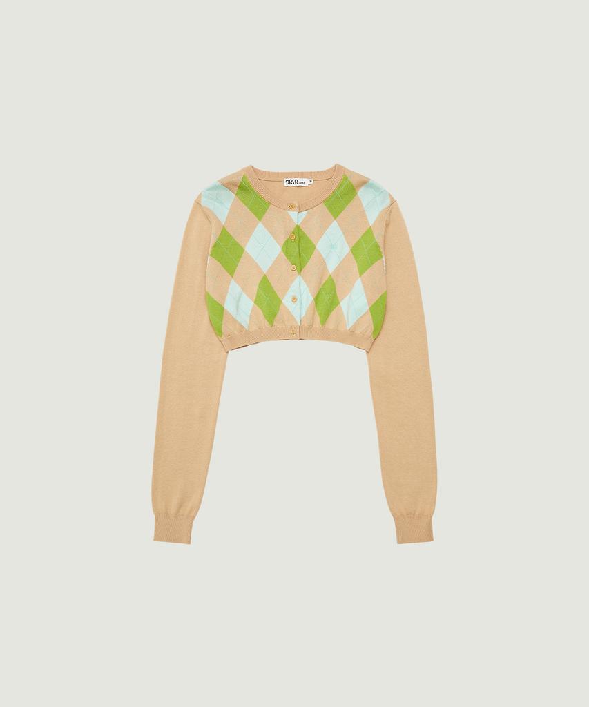GROVE Veni Argyle Crop Cardigan (Beige)