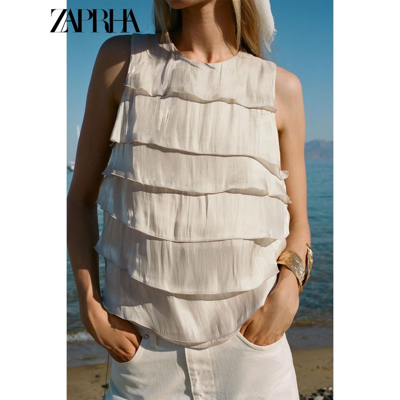 Zaprha 2025 Summer New Bright Effect Laminated Decorative Round Neck Sleeveless Shirts Top 8312938