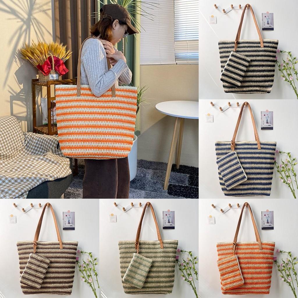 Woven Straw Tote Bag With Zipper Closure For Casual Travel And Summer Outings