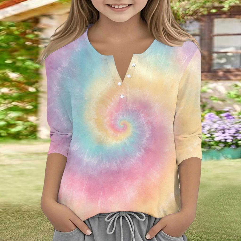 Print Tops For Youth Girls V Neck Button 3/4 Sleeves T-Shirts Trendy Tops Outfit Tees