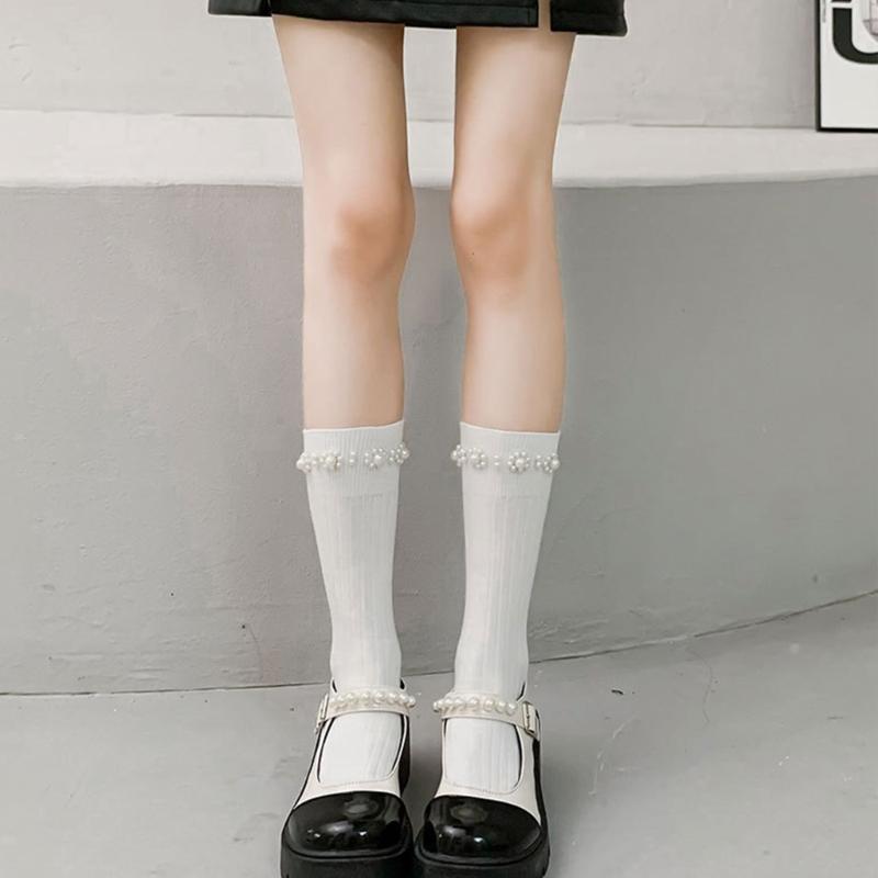 Simple Pearl Knee High Socks Cotton Calf Socks Sweet Knee High Stockings Lolitas Princess Socks for Womens Girls Gifts