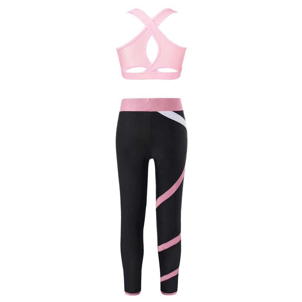 Dívčí Crop Top s U výstřihem, kříženými ramínky a klíčovou dírkou na zádech, bez rukávů, Color Block Legíny, Jógový Sportovní Set