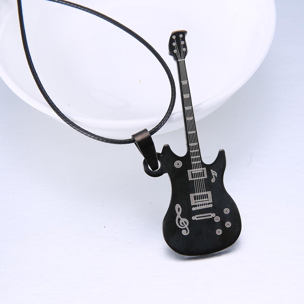 Fashion Cool Punk Black Stainless Steel Guitar Pendant Necklaces Men Women Leather Chain Hiphop Rock Collar Jewelry Dropshipping