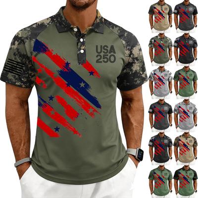 Men's Short Sleeve Polo Shirt with Abstract USA Flag Print Lightweight Button Collar Casual Fit Top