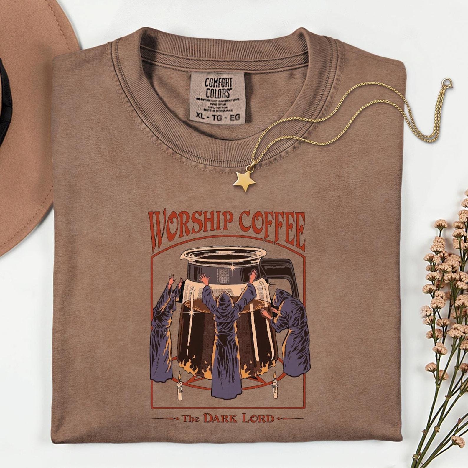 Worship Coffee Dark Lord Cult Shirt, Gothic Occult Caffeine Ritual Graphic 2XL