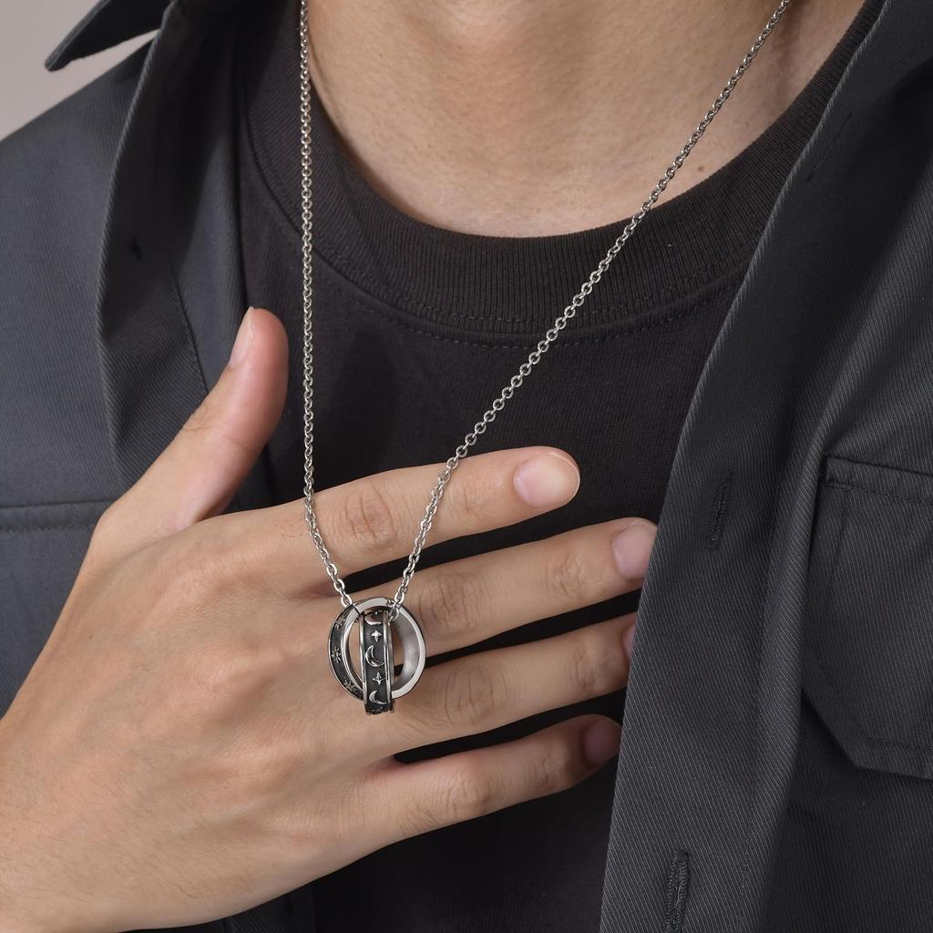 Literary and Fashion Star Moon Double Ring Pendant Necklace Fashion Hip Hop Accessories - Party Gifts
