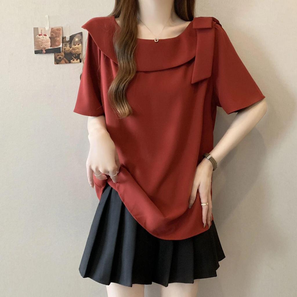 Plus Size Bow Short Sleeve Women's Summer Doll Shirt - New Slimming, Loose-Fit Design