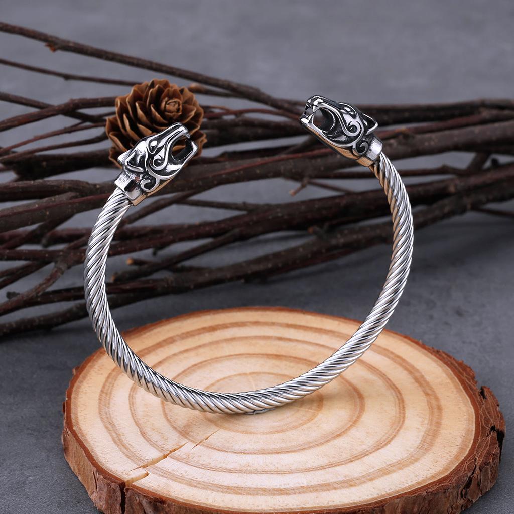 Stainless Steel Vikings Dragon Head Bracelet for Men Punk Biker Charm Wristband Cuff Odin Arm Ring Nordic Fashion Jewelry Gift