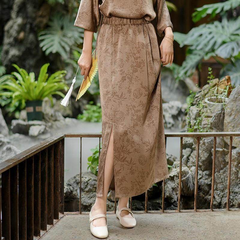 Johnature Women Vintage Jacquard A-Line Skirts Elastic Waist Spring Casual Soft Women Skirts