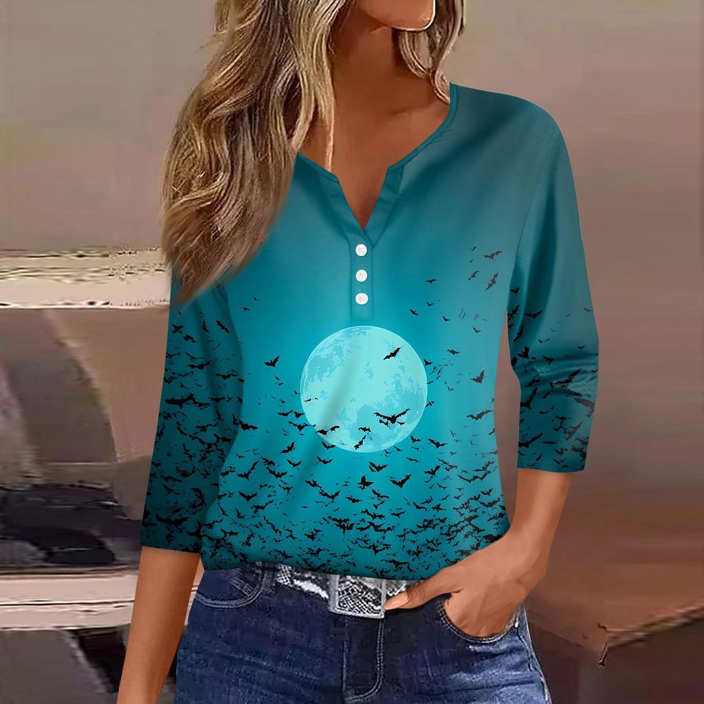 Women's T Shirt Halloween Print Button 3/4 Sleeve Daily Weekend Fashion Basic V- Neck Regular Top
