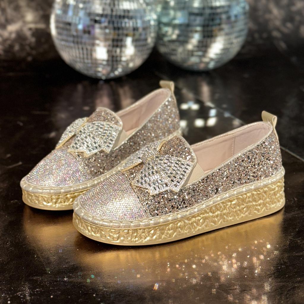 Aphixta Silver Bling Loafers Platform Butterfly Knot Dec Woman Shoes Spring Autumn Woman Chunky Heel Shoes Slip On Footwear
