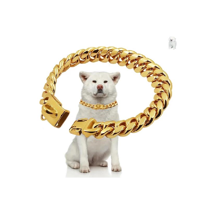 Metal Dog Collar Stainless Steel Pet Choker Gold Cuban Link Chain 14mm Wide Lead for Small Medium Large Dogs Pet Accessories