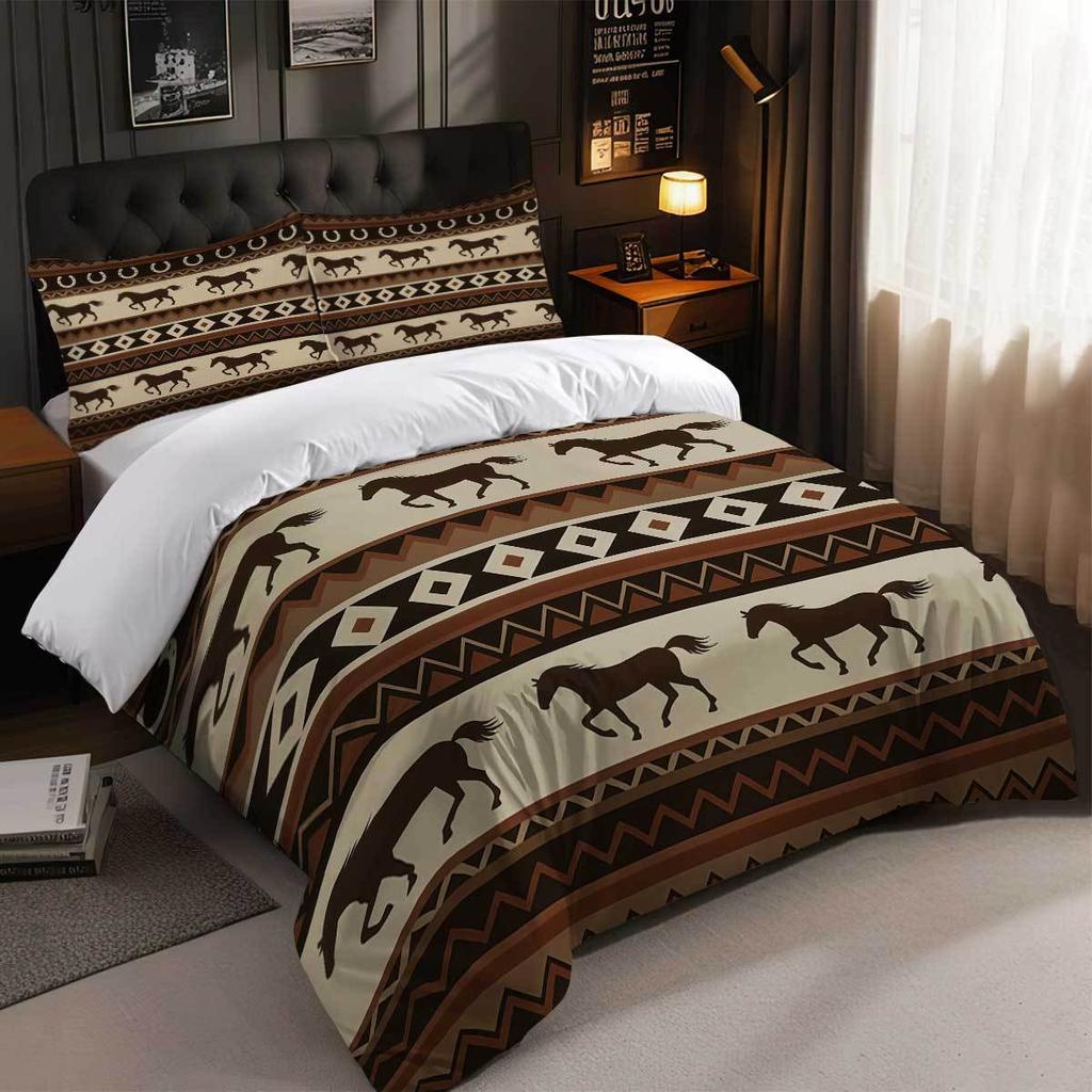3Pcs Horse Element Design Print Pattern Bedding Set (1 Duvet Cover, 2 Pillowcases, Coreless), Retro Bohemian Pattern