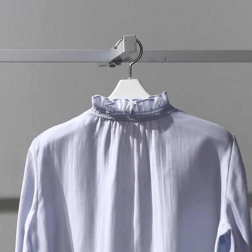 In Stock: 2026 Spring Fashion Sky Blue Lace-up Ruffle V-neck Women's Shirt 1H3120101G
