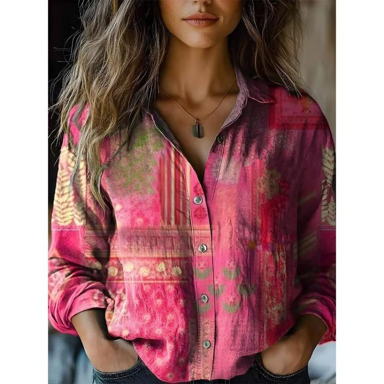 Spring Summer Vintage Floral Printed Long Sleeve Casual Shirt Womens Cotton Linen Style Blouse